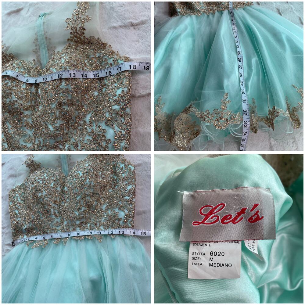 🔥Let’s Aqua Mesh Illusion Neck Gold Lace Appliqué Tulle Party Babydoll Dress - Picture 16 of 16